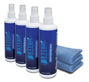 screen cleaner spray kit, 4 pack - 4 spray bottles (each 8.45 oz/total 33.8 oz) with 2 extra-large microfiber cleaning towels, by better office products, for computers, laptops, ldc/led/tv screens