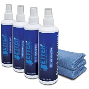 Screen Cleaner Spray Kit, 4 Pack - 4 Spray Bottles (Each 8.45 oz/Total 33.8 oz) with 2 Extra-Large Microfiber Cleaning Towels, by Better Office Products, for Computers, Laptops, LDC/LED/TV Screens