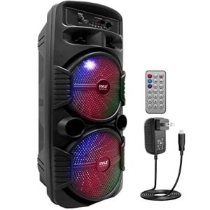 pyle portable bluetooth pa speaker system - 600w rechargeable outdoor bluetooth speaker portable pa system w/ dual 8” subwoofer 1” tweeter, microphone in, party lights, usb, radio, remote - pphp2835b