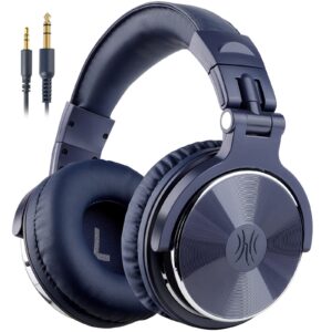 oneodio over ear headphone, wired bass headsets with 50mm driver, foldable lightweight headphones with share port and mic for recording monitoring mixing podcast guitar pc tv (dark blue)