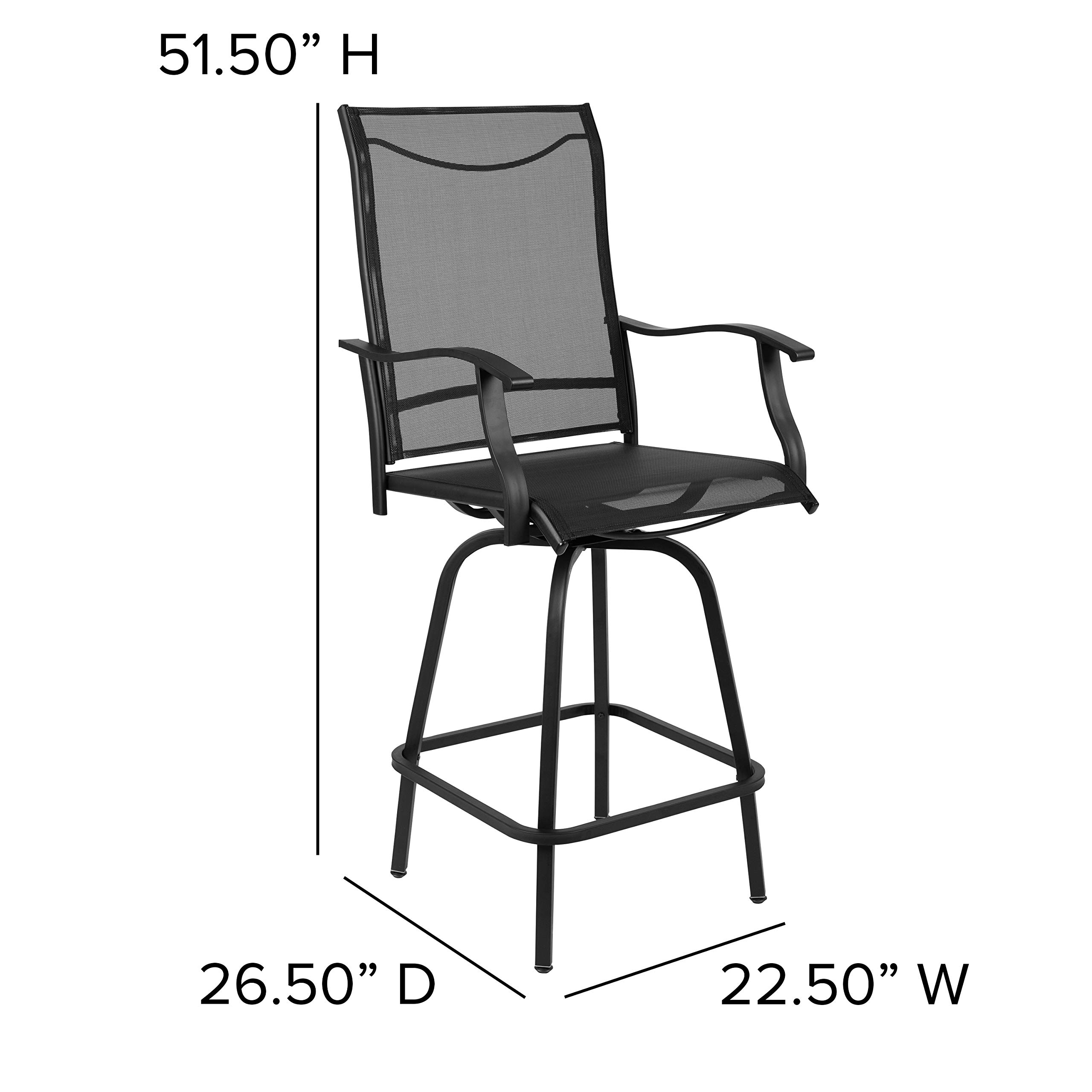 Flash Furniture Valerie Patio Bar Height Stools Set of 2, All-Weather Textilene Swivel Patio Stools with High Back & Armrests in Black