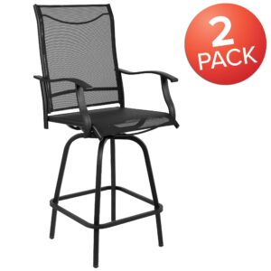 Flash Furniture Valerie Patio Bar Height Stools Set of 2, All-Weather Textilene Swivel Patio Stools with High Back & Armrests in Black