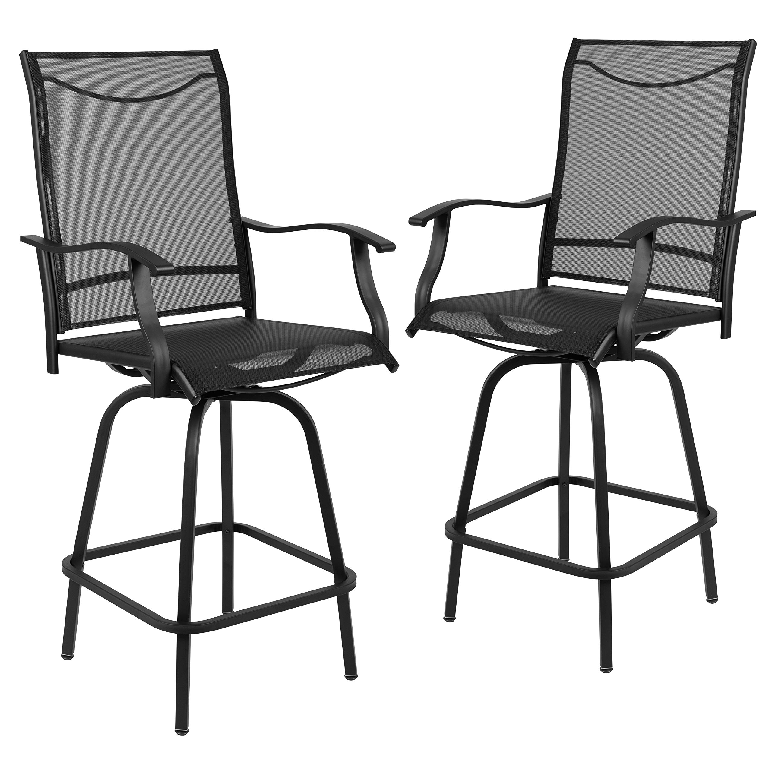Flash Furniture Valerie Patio Bar Height Stools Set of 2, All-Weather Textilene Swivel Patio Stools with High Back & Armrests in Black