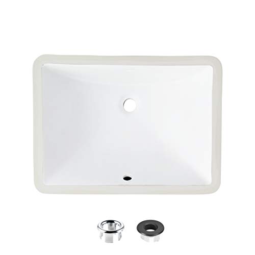 STYLISH 18 1/4 inch Ceramic Porcelain Rectangular Undermount Bathroom Sink with Polished Chrome and Matte Black Overflow, P-201 (White with Chrome and Matte Black Overflow)