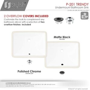 STYLISH 18 1/4 inch Ceramic Porcelain Rectangular Undermount Bathroom Sink with Polished Chrome and Matte Black Overflow, P-201 (White with Chrome and Matte Black Overflow)