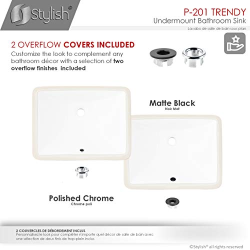 STYLISH 18 1/4 inch Ceramic Porcelain Rectangular Undermount Bathroom Sink with Polished Chrome and Matte Black Overflow, P-201 (White with Chrome and Matte Black Overflow)