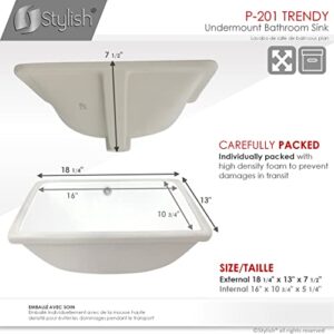 STYLISH 18 1/4 inch Ceramic Porcelain Rectangular Undermount Bathroom Sink with Polished Chrome and Matte Black Overflow, P-201 (White with Chrome and Matte Black Overflow)