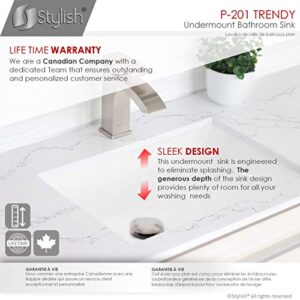 STYLISH 18 1/4 inch Ceramic Porcelain Rectangular Undermount Bathroom Sink with Polished Chrome and Matte Black Overflow, P-201 (White with Chrome and Matte Black Overflow)