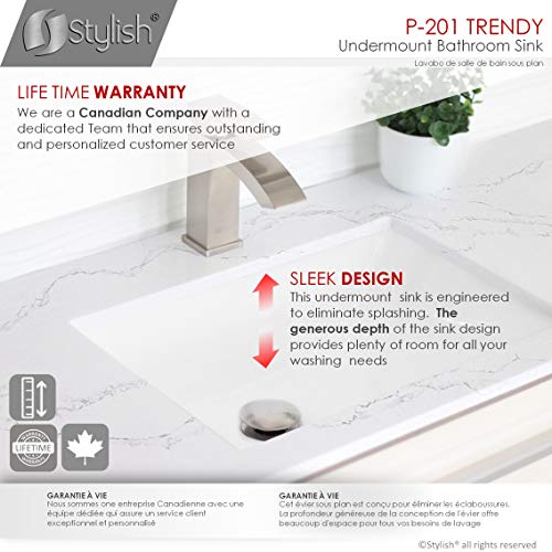 STYLISH 18 1/4 inch Ceramic Porcelain Rectangular Undermount Bathroom Sink with Polished Chrome and Matte Black Overflow, P-201 (White with Chrome and Matte Black Overflow)