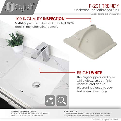 STYLISH 18 1/4 inch Ceramic Porcelain Rectangular Undermount Bathroom Sink with Polished Chrome and Matte Black Overflow, P-201 (White with Chrome and Matte Black Overflow)