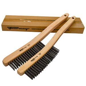 forney 70504a 2-pack carbon steel wire brush's with curved wood handle, 13-3/4-inch-by-.014-inch, assorted