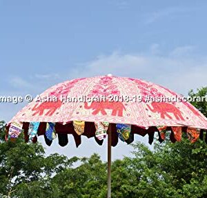 Asha Handicraft 72" Indian Handmade Embroidered Elephant Garden Umbrella, Large Outdoor Patio Parasols, Beach Umbrella Sun Shade Wedding Decorative Umbrellas (Large, White & Pink)