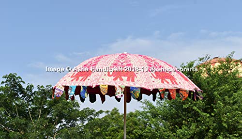 Asha Handicraft 72" Indian Handmade Embroidered Elephant Garden Umbrella, Large Outdoor Patio Parasols, Beach Umbrella Sun Shade Wedding Decorative Umbrellas (Large, White & Pink)