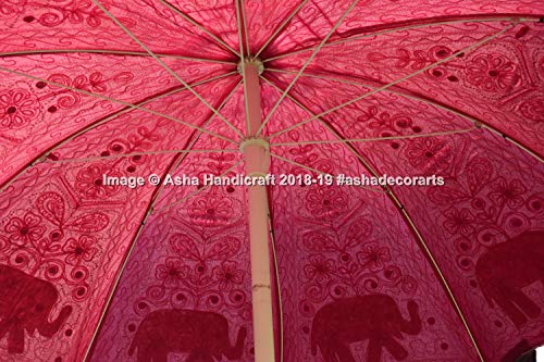 Asha Handicraft 72" Indian Handmade Embroidered Elephant Garden Umbrella, Large Outdoor Patio Parasols, Beach Umbrella Sun Shade Wedding Decorative Umbrellas (Large, White & Pink)