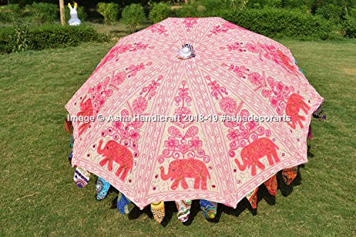 Asha Handicraft 72" Indian Handmade Embroidered Elephant Garden Umbrella, Large Outdoor Patio Parasols, Beach Umbrella Sun Shade Wedding Decorative Umbrellas (Large, White & Pink)