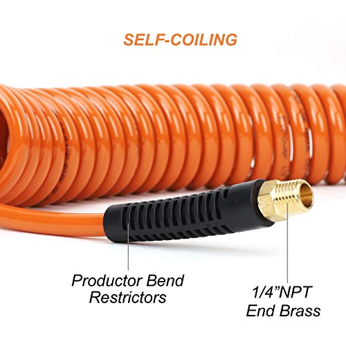 FYPower 1/4 inch x 25 ft Recoil Poly Air Hose Kit, 20 Pieces Air Compressor Accessories Set, 1/4" NPT Quick Connect Air Fittings, Blow Gun, Chuck, Safety and Tapered Nozzles, Couplings, Orange PU Hose