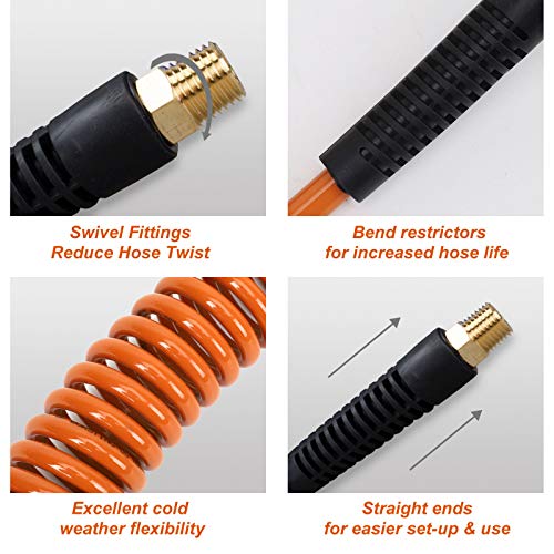 FYPower 1/4 inch x 25 ft Recoil Poly Air Hose Kit, 20 Pieces Air Compressor Accessories Set, 1/4" NPT Quick Connect Air Fittings, Blow Gun, Chuck, Safety and Tapered Nozzles, Couplings, Orange PU Hose