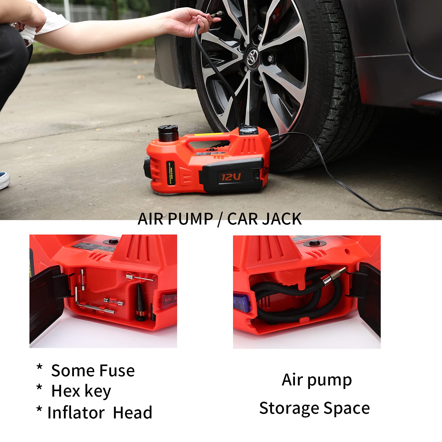 ROGTZ Electric Car Jack 5 Ton 12V Hydraulic Car Jack with Tire Inflator Pump and LED Light, Electric Car Jack Lift Floor Jack for SUV Sedans Tire Change (Red)