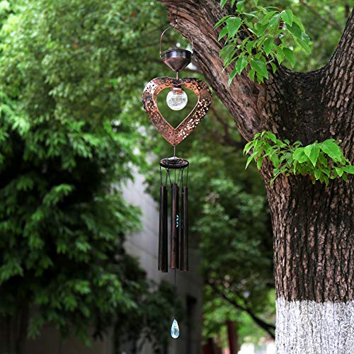 newvivid Solar Powered Wind Chimes Solar Heart-Shaped LED Wind Chimes Crackle Glass Ball LED Light with Metal Tubes Waterproof for Home Garden Patio Party Festival Decor…
