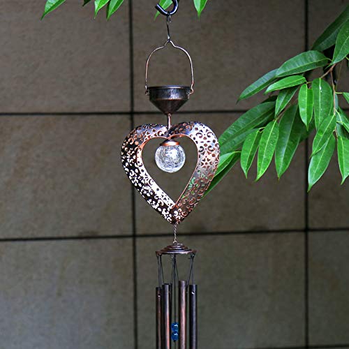 newvivid Solar Powered Wind Chimes Solar Heart-Shaped LED Wind Chimes Crackle Glass Ball LED Light with Metal Tubes Waterproof for Home Garden Patio Party Festival Decor…