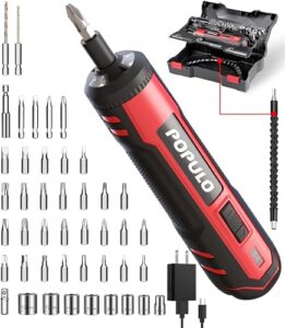 populo 4v electric screwdriver kit,6 torque settings, power screwdriver cordless rechargeable with led work light, 32 pieces screwdriver bits, 8 sockets, flex hex shaft, bit holders and storage box