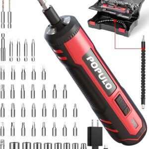 POPULO 4V Electric Screwdriver Kit,6 Torque Settings, Power Screwdriver Cordless Rechargeable with LED Work Light, 32 pieces Screwdriver Bits, 8 Sockets, Flex Hex Shaft, Bit Holders and Storage Box