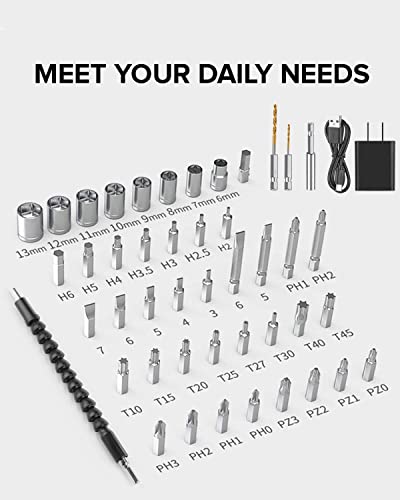 POPULO 4V Electric Screwdriver Kit,6 Torque Settings, Power Screwdriver Cordless Rechargeable with LED Work Light, 32 pieces Screwdriver Bits, 8 Sockets, Flex Hex Shaft, Bit Holders and Storage Box