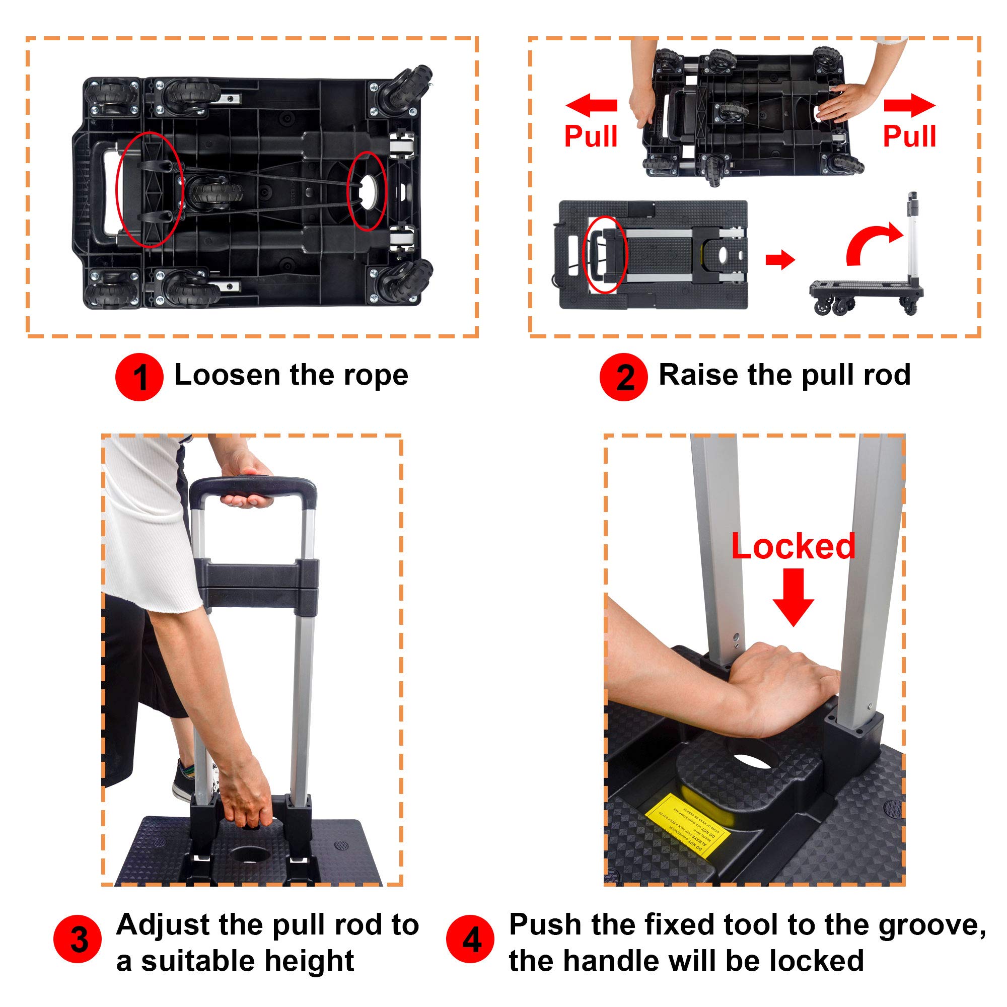 Dolly Cart Portable Hand Truck Lightweight Hand Cart Compact Utility Cart with Heavy Duty Wheels Solid Construction Adjustable Handle for Personal, Moving, Travel and Shopping Use (7 Wheels)