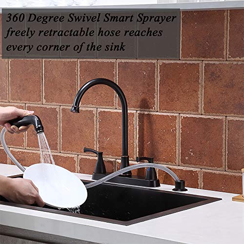 VCCUCINE Oil Rubbed Bronze Kitchen Faucet, 2 Handle 3 Hole 4 Hole Kitchen Sink Faucets with Pull Down Side Sprayer, 360 Swivel High Arc Stainless Steel Rv Camper Laundry Utility Bar Sink