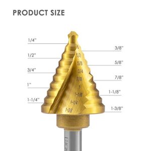 Luckyway 1-Piece 10 Sizes Titanium Step Drill Bit, 1/4" to 1-3/8" Size HSS Unibit for Metal, Wood, Plastic, Multiple Hole Drilling