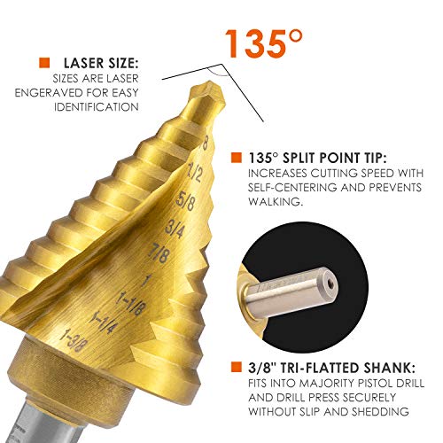 Luckyway 1-Piece 10 Sizes Titanium Step Drill Bit, 1/4" to 1-3/8" Size HSS Unibit for Metal, Wood, Plastic, Multiple Hole Drilling