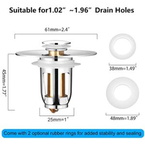 2 PACK Universal Bathroom Sink Stopper,Pop Up Sink Drain stopper No Overflow Sink Drain Plug With Filter Basket,Bounce Bullet Anti Clogging Bathtub Sink Plug for 1.02-1.96 inch Drain Holes