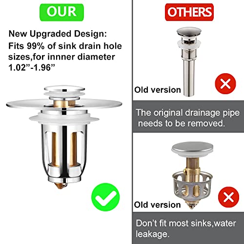 2 PACK Universal Bathroom Sink Stopper,Pop Up Sink Drain stopper No Overflow Sink Drain Plug With Filter Basket,Bounce Bullet Anti Clogging Bathtub Sink Plug for 1.02-1.96 inch Drain Holes