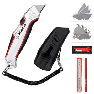 kingtool self-retracting box cutter with holster & belt clip, auto retractable safety utility knife with total 10pcs sk5 blades, aaluminum shell with rubber grip, sturdy & strong