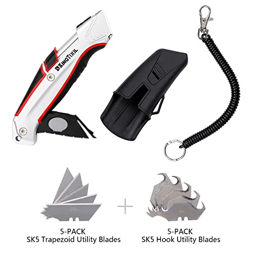 KingTool Self-Retracting Box Cutter with Holster & Belt Clip, Auto Retractable Safety Utility Knife with Total 10PCS SK5 blades, Aaluminum Shell with Rubber Grip, Sturdy & Strong