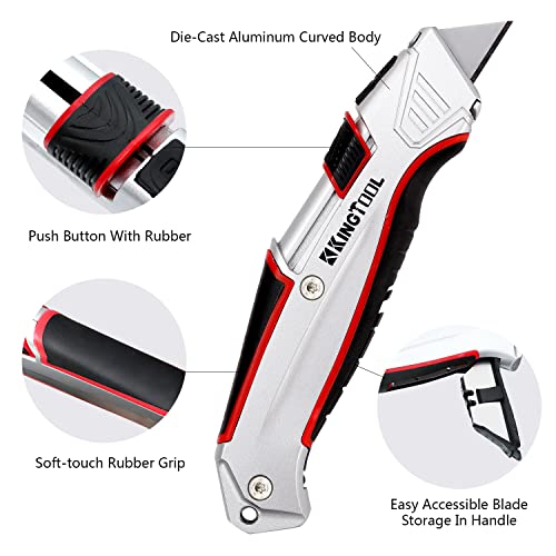 KingTool Self-Retracting Box Cutter with Holster & Belt Clip, Auto Retractable Safety Utility Knife with Total 10PCS SK5 blades, Aaluminum Shell with Rubber Grip, Sturdy & Strong