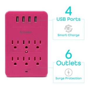 Aduro Surge Protector 6 Outlets Power Strip Station with USB (4 Ports 4.8A) Wall Mount Multiple Outlet Splitter Extender Adapter with Phone Shelf Stand ETL Listed, Pink