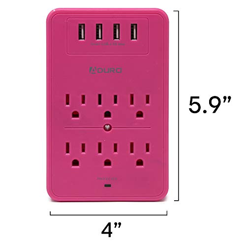 Aduro Surge Protector 6 Outlets Power Strip Station with USB (4 Ports 4.8A) Wall Mount Multiple Outlet Splitter Extender Adapter with Phone Shelf Stand ETL Listed, Pink
