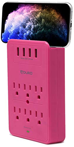 Aduro Surge Protector 6 Outlets Power Strip Station with USB (4 Ports 4.8A) Wall Mount Multiple Outlet Splitter Extender Adapter with Phone Shelf Stand ETL Listed, Pink