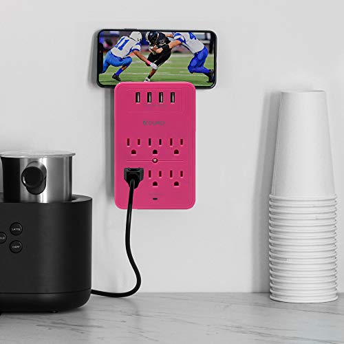 Aduro Surge Protector 6 Outlets Power Strip Station with USB (4 Ports 4.8A) Wall Mount Multiple Outlet Splitter Extender Adapter with Phone Shelf Stand ETL Listed, Pink