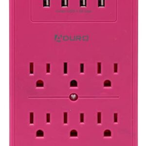 Aduro Surge Protector 6 Outlets Power Strip Station with USB (4 Ports 4.8A) Wall Mount Multiple Outlet Splitter Extender Adapter with Phone Shelf Stand ETL Listed, Pink