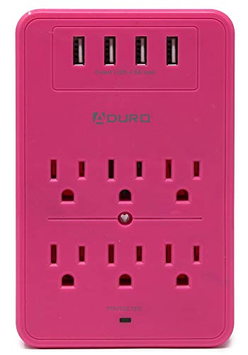 Aduro Surge Protector 6 Outlets Power Strip Station with USB (4 Ports 4.8A) Wall Mount Multiple Outlet Splitter Extender Adapter with Phone Shelf Stand ETL Listed, Pink