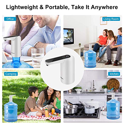 Electric Water Bottle Pump, Maypott Water Jug Pump for 3-5 Gallon Bottle Build-in TDS Water Quality Tester USB Charging Low Noise Portable Drinking Water Dispenser for Camping Outdoor (White)