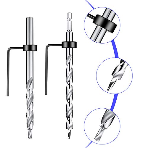 4 Pieces 3/8 Inch Pocket Hole Drill Bit with Depth Stop Collar 1/4 Hex Shank and Round Shank Replacement Twist Step Drills for Manual Pocket Hole Guide Jig Master System (6.3 Inch Length)