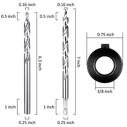 4 Pieces 3/8 Inch Pocket Hole Drill Bit with Depth Stop Collar 1/4 Hex Shank and Round Shank Replacement Twist Step Drills for Manual Pocket Hole Guide Jig Master System (6.3 Inch Length)