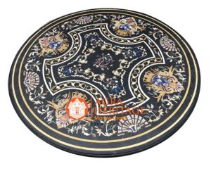 black marble round dining top table pietra dura italian inlay art furniture decor | 48"x48" inches