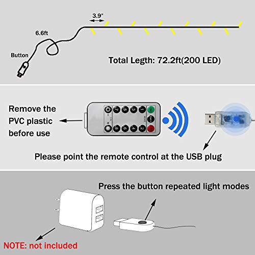 Vicila 200 LED String Light Christmas Light with Remote Control, 8 Modes USB Twinkling Lights Waterproof Fairy Light for Patio, Home, Garden, Indoor Outdoor Decor-72.2ft(Red)