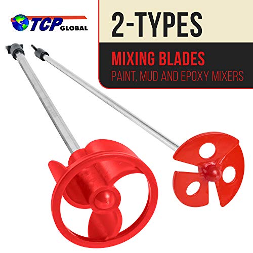 TCP Global 2 Types of Paint, Epoxy Resin, Mud Power Mixer Blade Drill Tools for Mixing Quarts to 2.5 Gallon Buckets - 14" Long, 1/4" Round and 5/16" Hex Shafts, 2.5" and 3" Plastic Paddles - Stirring