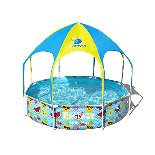 Bestway 8' x 20" Above Ground Kids Round Swimming Pool with UV Shaded Top Canopy and Built-in Water Mister, Fruit Designed Exterior