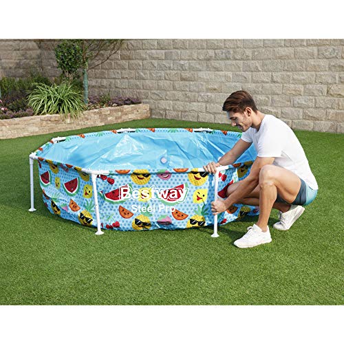 Bestway 8' x 20" Above Ground Kids Round Swimming Pool with UV Shaded Top Canopy and Built-in Water Mister, Fruit Designed Exterior